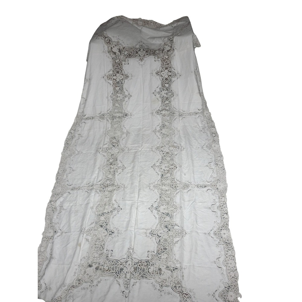 Antique Banquet Tablecloth 62x130 Fine Linen Figural Cherub Point de Venise Lace